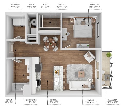 Floor plan for 1 bed, 1 bath, 717 sqft